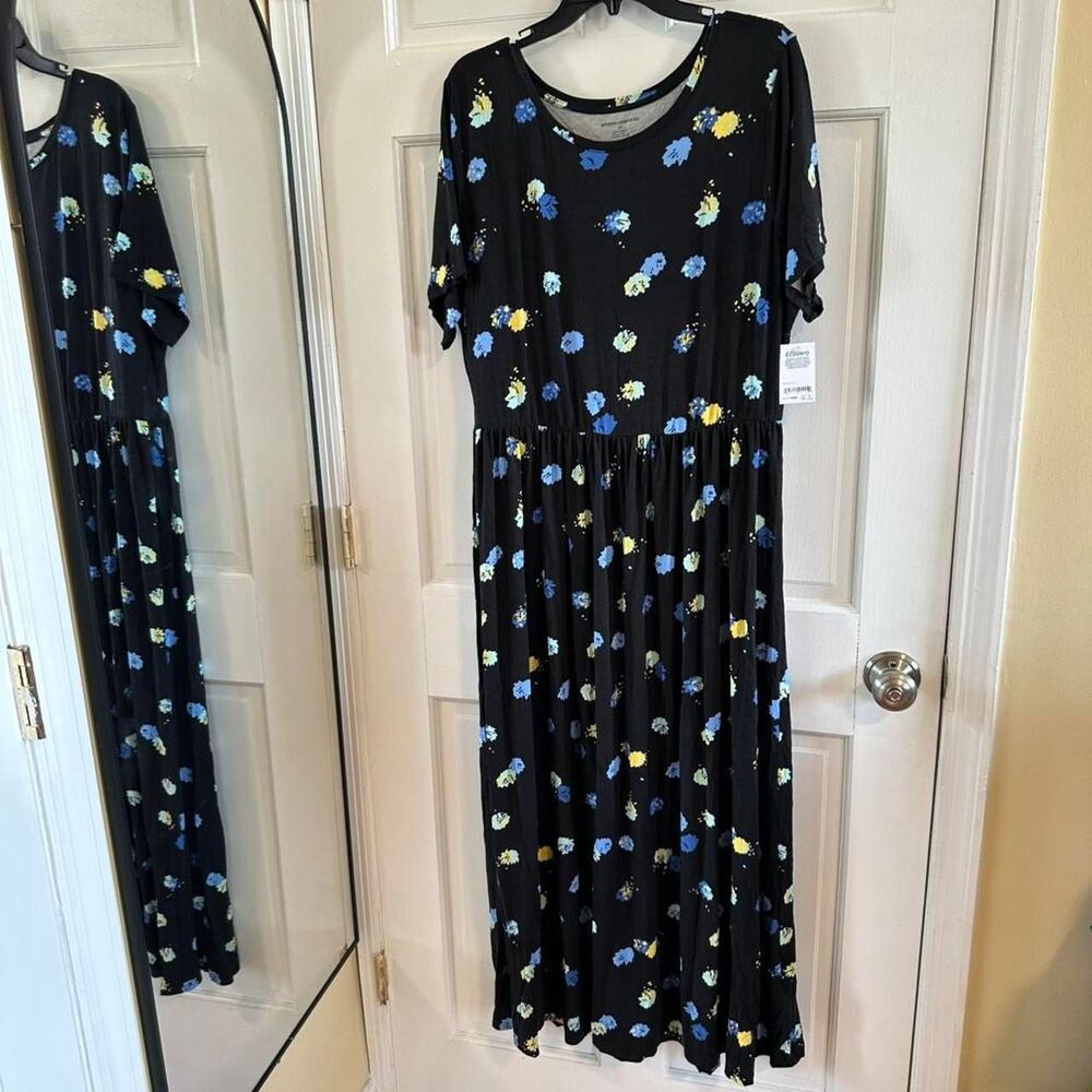 Amazon Essentials 2X Plus Black Floral Maxi Dress EcoVero Viscose Stretch NWT